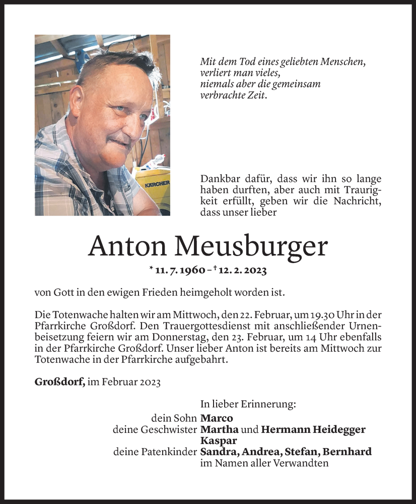 Todesanzeigen Von Anton Meusburger | Todesanzeigen Vorarlberger Nachrichten