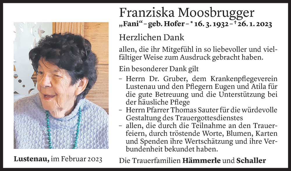  Todesanzeige für Franziska Moosbrugger vom 18.02.2023 aus Vorarlberger Nachrichten