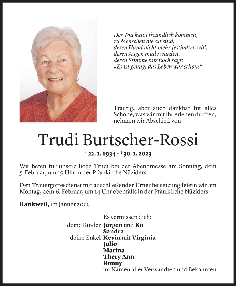  Todesanzeige für Trudi Burtscher-Rossi vom 02.02.2023 aus Vorarlberger Nachrichten