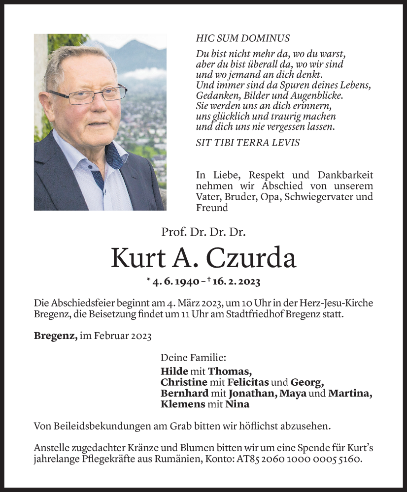  Todesanzeige für Kurt Czurda vom 24.02.2023 aus Vorarlberger Nachrichten