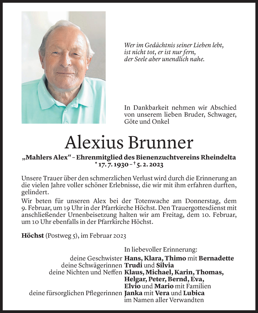  Todesanzeige für Alexius Brunner vom 05.02.2023 aus Vorarlberger Nachrichten