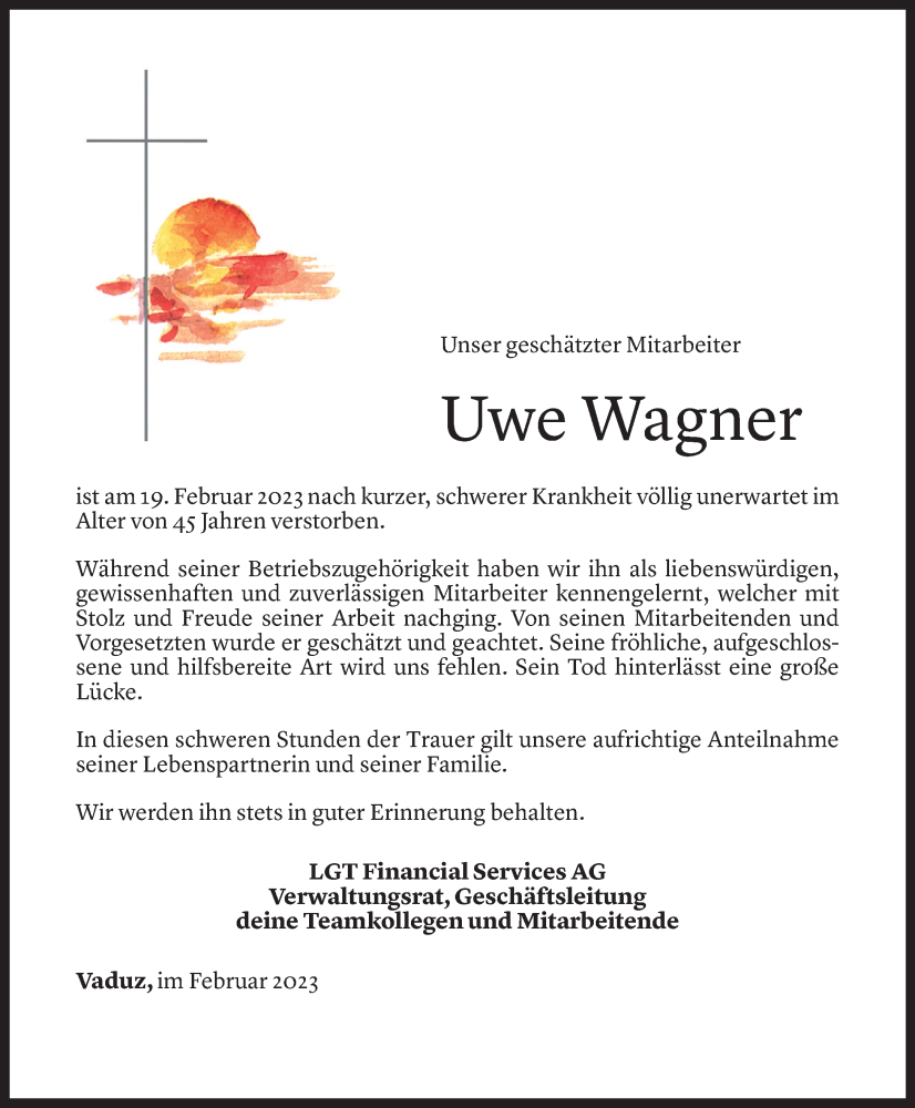  Todesanzeige für Uwe Wagner vom 23.02.2023 aus Vorarlberger Nachrichten