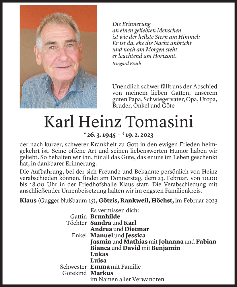  Todesanzeige für Karl Heinz Tomasini vom 22.02.2023 aus Vorarlberger Nachrichten
