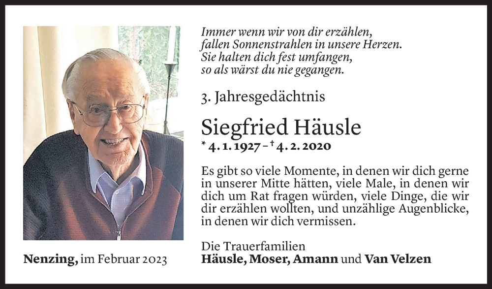  Todesanzeige für Siegfried Häusle vom 04.02.2023 aus Vorarlberger Nachrichten