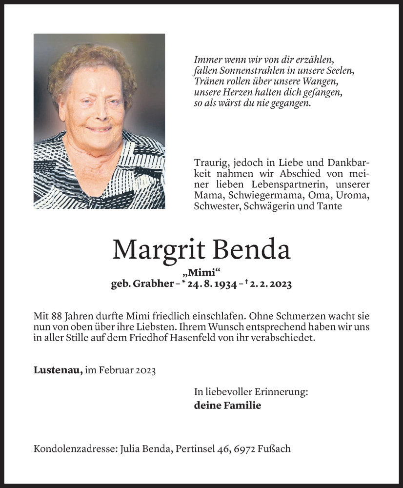  Todesanzeige für Margit Benda vom 08.02.2023 aus Vorarlberger Nachrichten