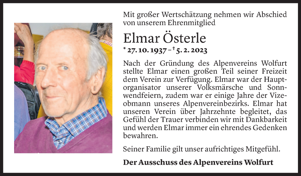  Todesanzeige für Elmar Österle vom 09.02.2023 aus Vorarlberger Nachrichten