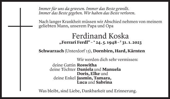 Todesanzeigen von Ferdinand Koska | Todesanzeigen Vorarlberger Nachrichten