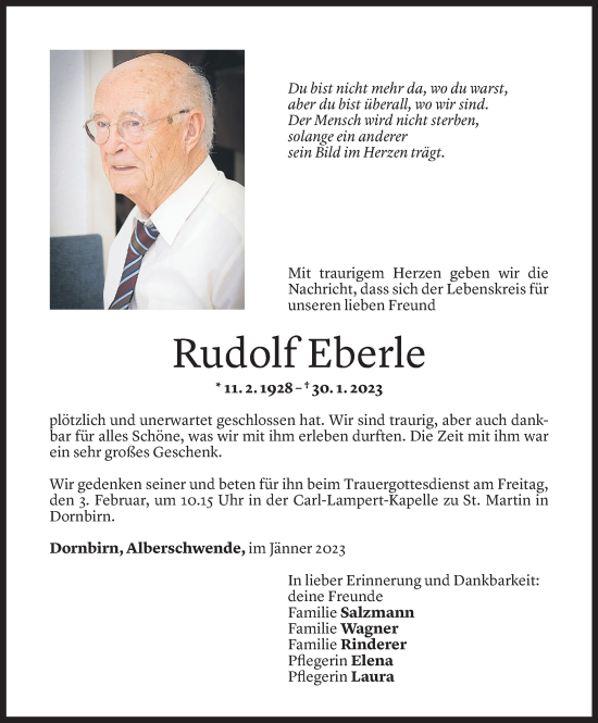 Todesanzeige von Rudolf Eberle von Vorarlberger Nachrichten