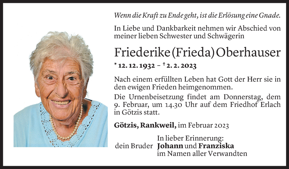  Todesanzeige für Friederike Oberhauser vom 07.02.2023 aus Vorarlberger Nachrichten