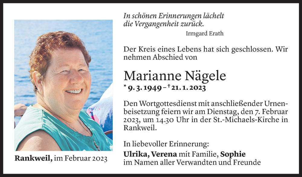  Todesanzeige für Marianne Nägele vom 03.02.2023 aus Vorarlberger Nachrichten