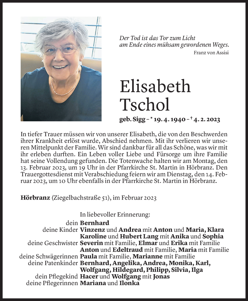  Todesanzeige für Elisabeth Tschol vom 09.02.2023 aus Vorarlberger Nachrichten