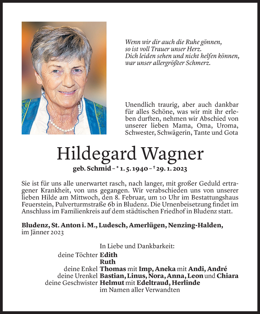  Todesanzeige für Hildegard Wagner vom 04.02.2023 aus Vorarlberger Nachrichten