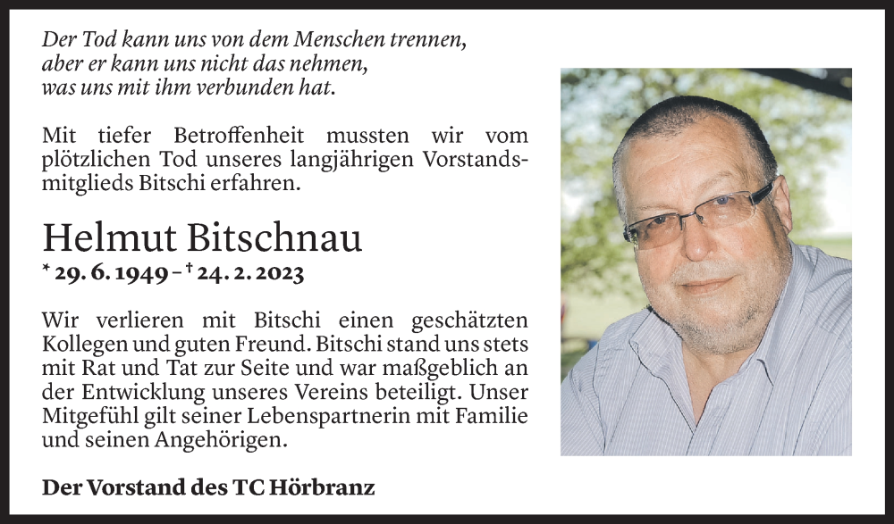  Todesanzeige für Helmut Bitschnau vom 28.02.2023 aus Vorarlberger Nachrichten