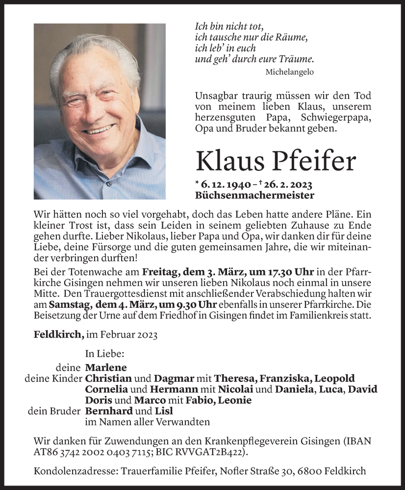  Todesanzeige für Klaus Pfeifer vom 01.03.2023 aus Vorarlberger Nachrichten