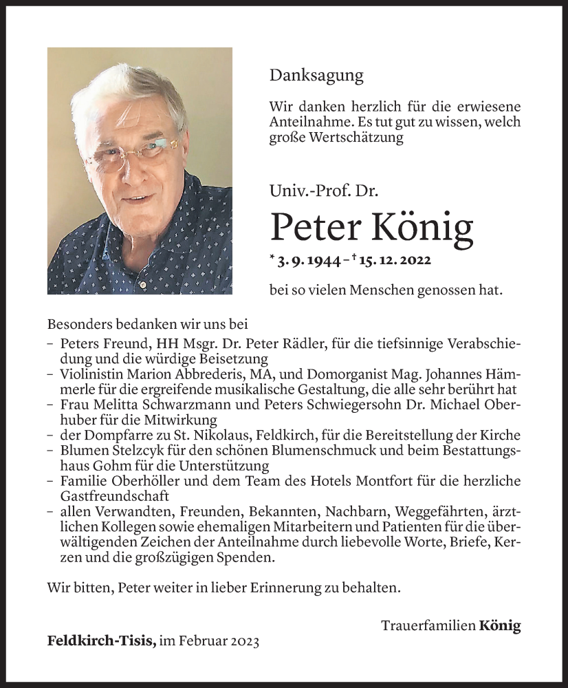  Todesanzeige für Peter König vom 03.02.2023 aus Vorarlberger Nachrichten