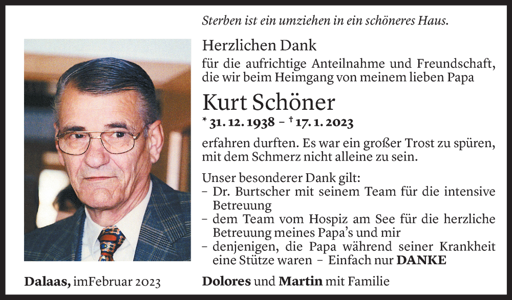 Todesanzeige für Kurt Schöner vom 10.02.2023 aus Vorarlberger Nachrichten