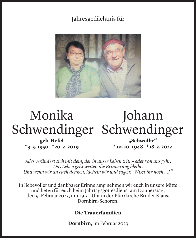  Todesanzeige für Monika Schwendinger vom 06.02.2023 aus Vorarlberger Nachrichten