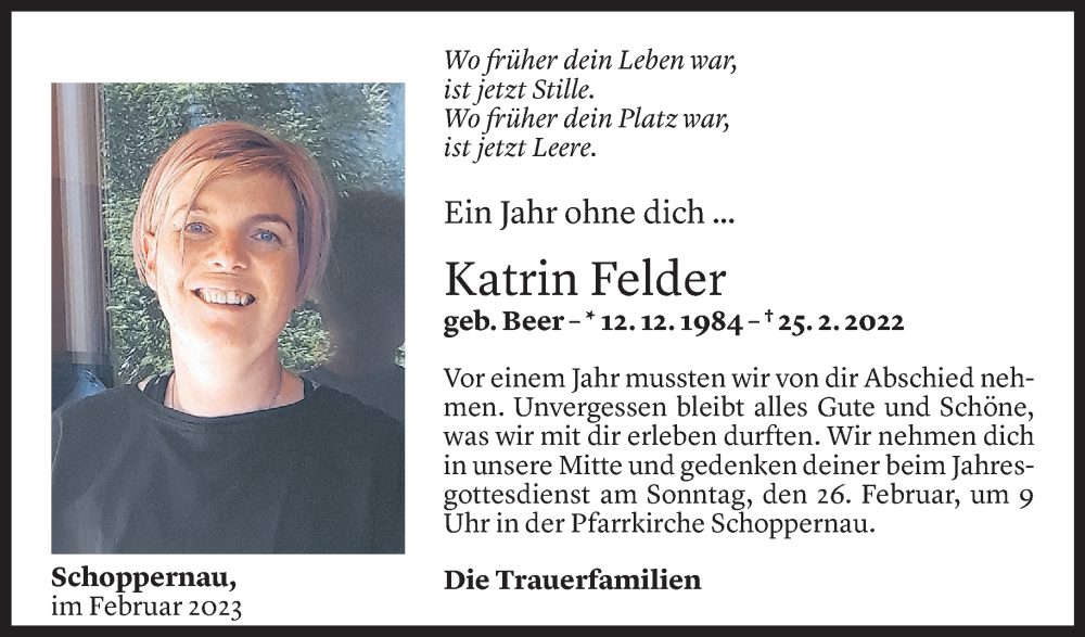  Todesanzeige für Katrin Felder vom 25.02.2023 aus Vorarlberger Nachrichten