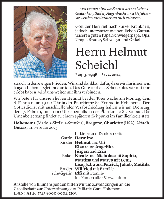 Todesanzeige von Helmut Scheichl von Vorarlberger Nachrichten