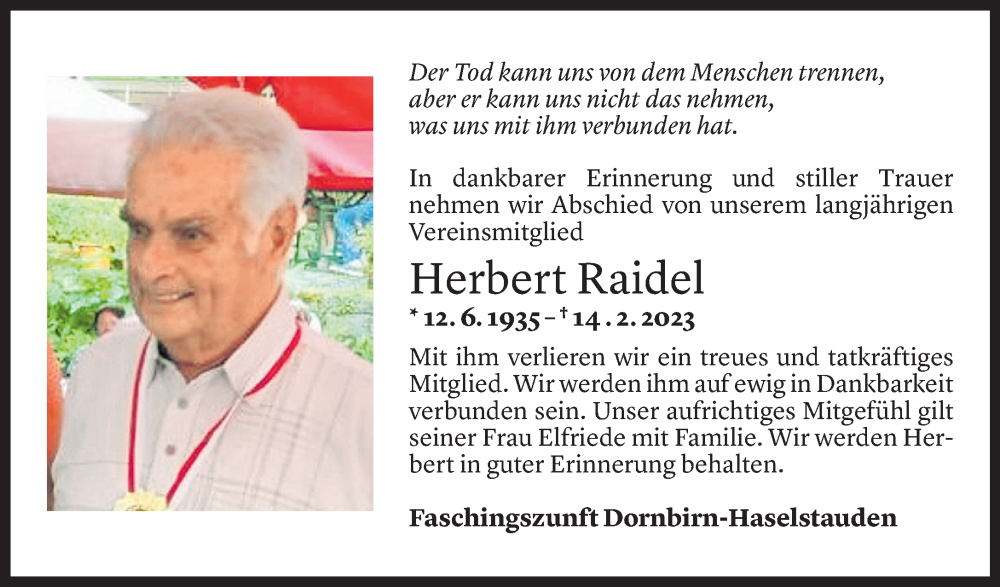  Todesanzeige für Herbert Raidel vom 17.02.2023 aus Vorarlberger Nachrichten