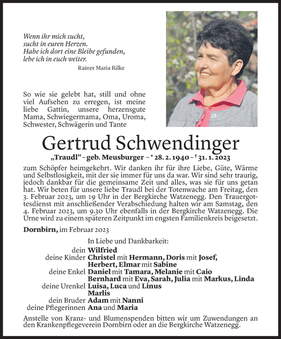 Todesanzeige von Gertrud Schwendinger von Vorarlberger Nachrichten