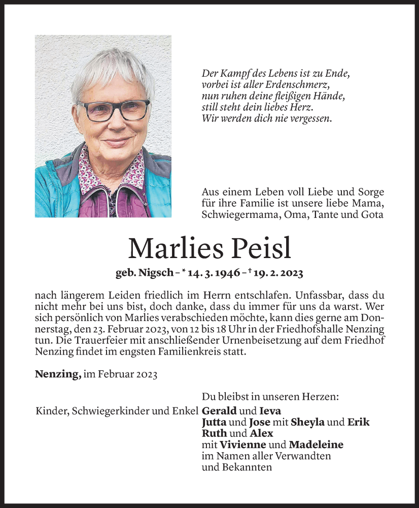  Todesanzeige für Marlies Peisl vom 22.02.2023 aus Vorarlberger Nachrichten