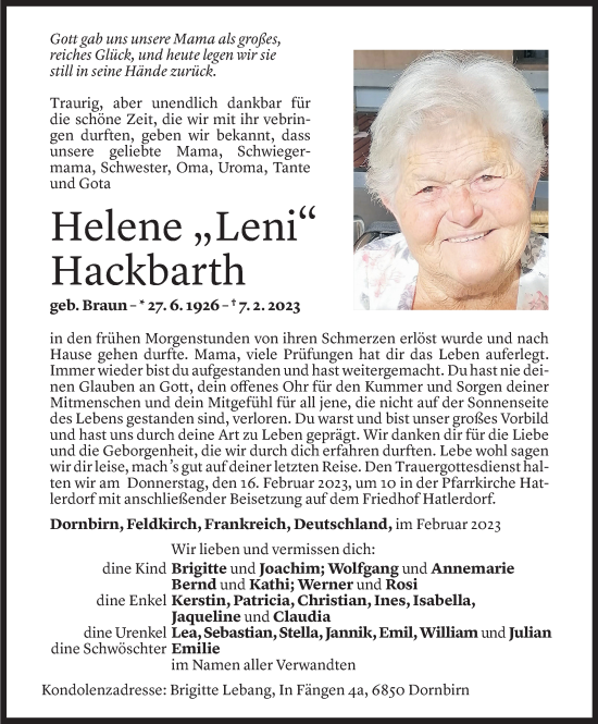 Todesanzeige von Helene Hackbarth von Vorarlberger Nachrichten