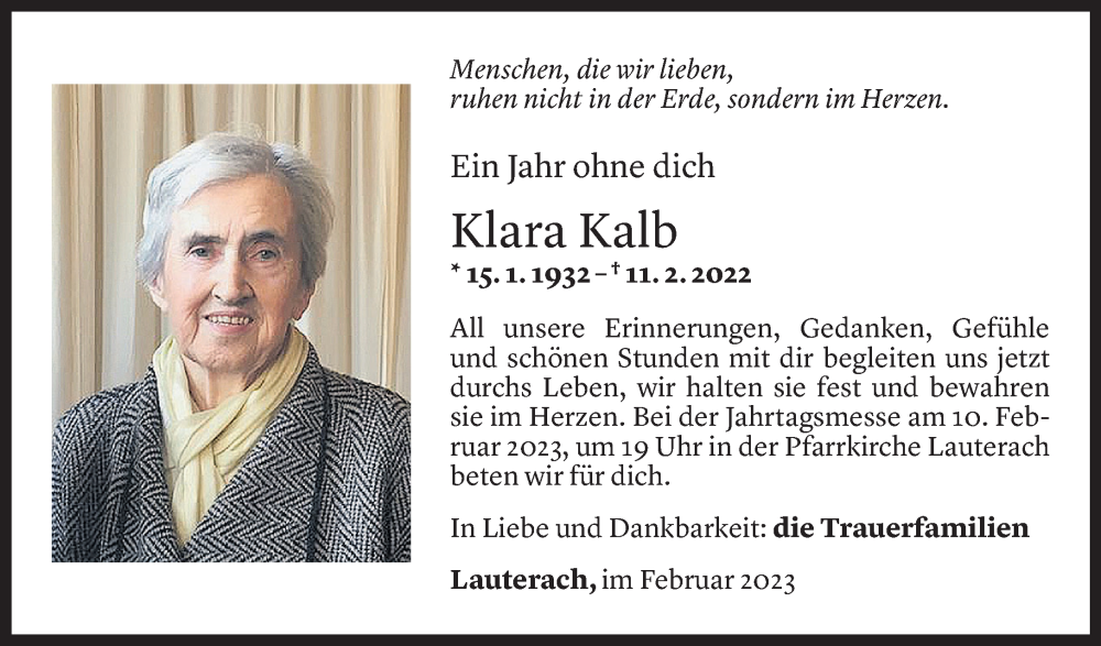  Todesanzeige für Klara Kreszentia Kalb vom 08.02.2023 aus Vorarlberger Nachrichten