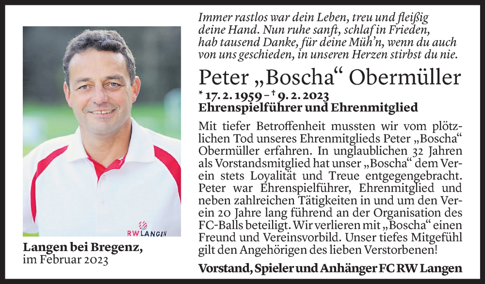  Todesanzeige für Peter Obermüller vom 21.02.2023 aus Vorarlberger Nachrichten
