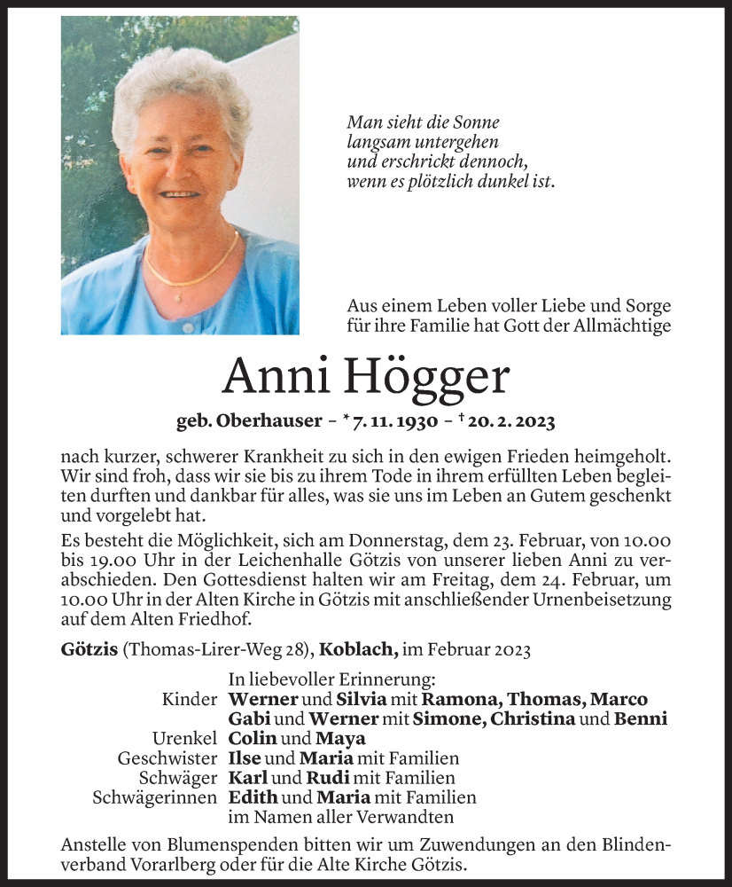  Todesanzeige für Anni Högger vom 21.02.2023 aus Vorarlberger Nachrichten