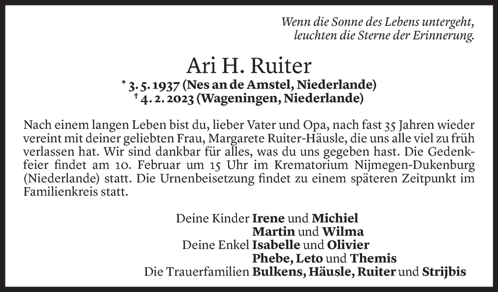  Todesanzeige für Ari Ruiter vom 06.02.2023 aus Vorarlberger Nachrichten