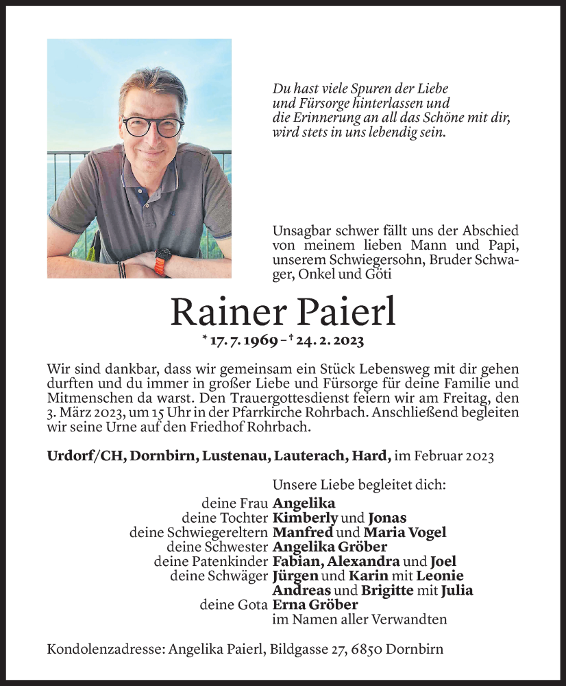  Todesanzeige für Rainer Paierl vom 28.02.2023 aus Vorarlberger Nachrichten