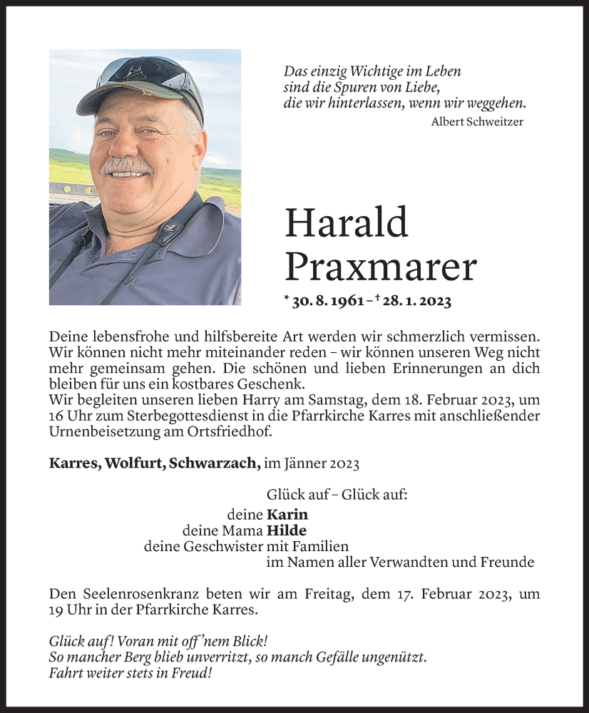  Todesanzeige für Harald Praxmarer vom 12.02.2023 aus Vorarlberger Nachrichten