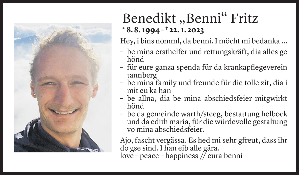  Todesanzeige für Benedikt Fritz vom 08.02.2023 aus Vorarlberger Nachrichten
