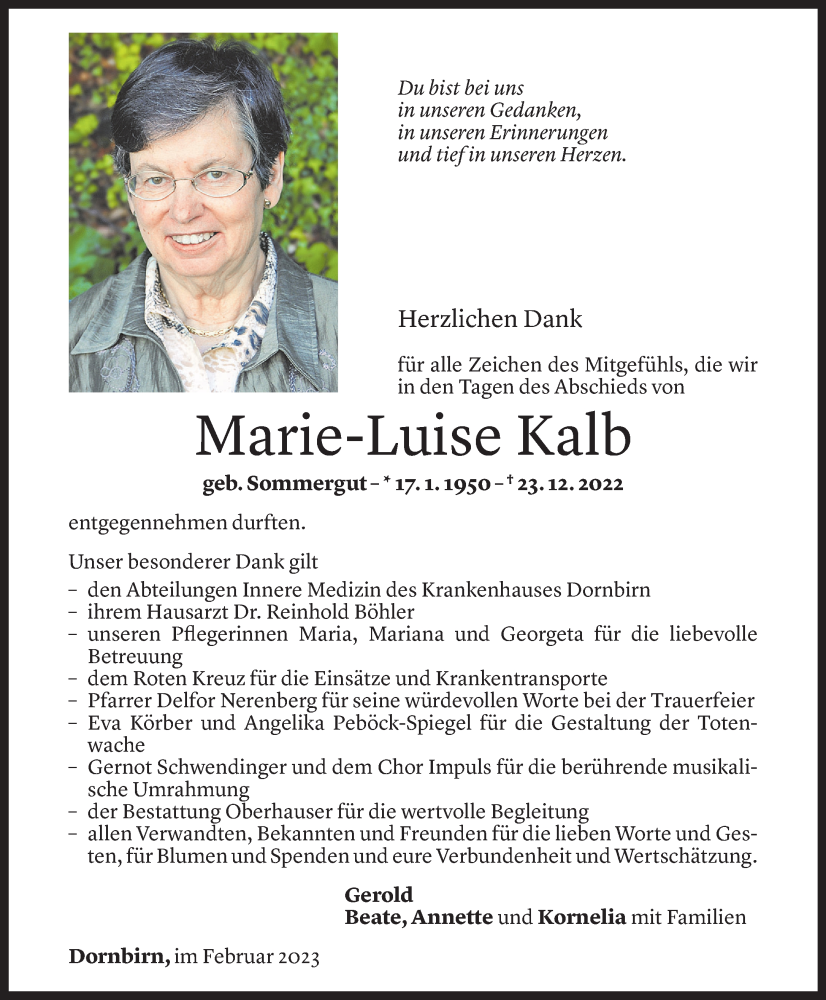  Todesanzeige für Marie-Luise Kalb vom 07.02.2023 aus Vorarlberger Nachrichten