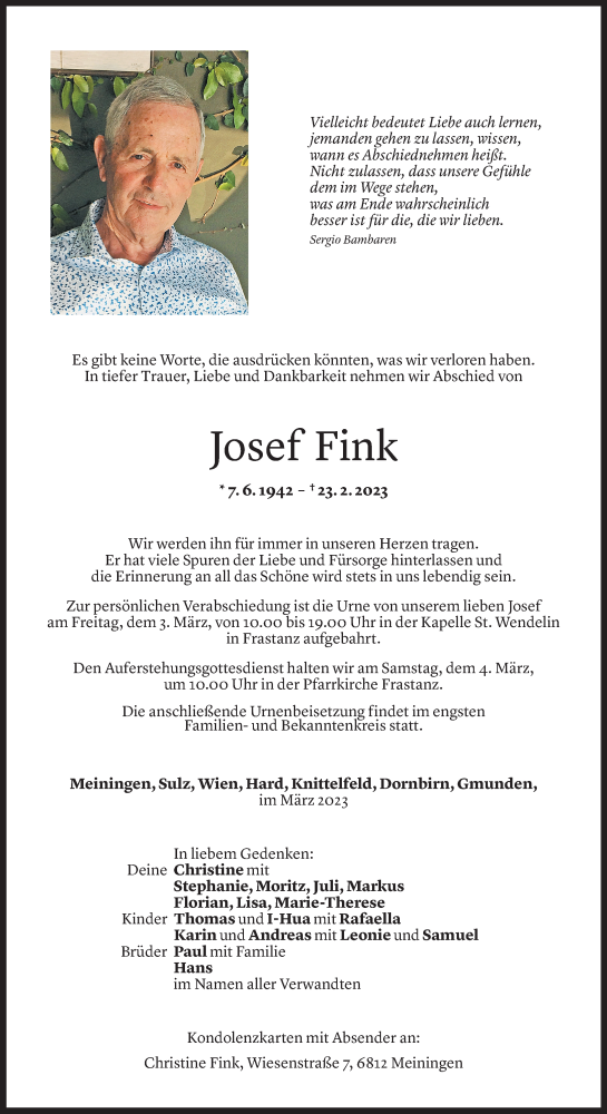  Todesanzeige für Josef Fink vom 01.03.2023 aus Vorarlberger Nachrichten