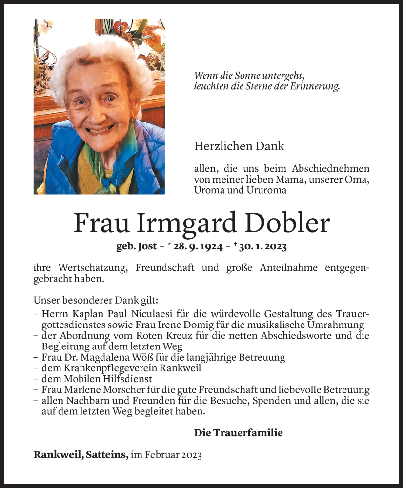  Todesanzeige für Irmgard Dobler vom 11.02.2023 aus Vorarlberger Nachrichten