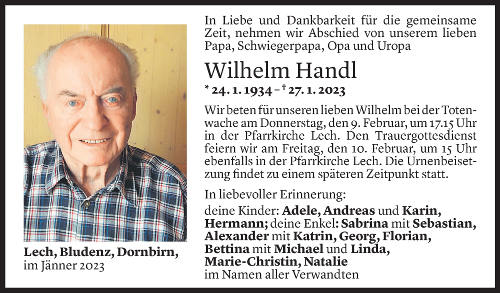  Todesanzeige für Wilhelm Handl vom 06.02.2023 aus Vorarlberger Nachrichten