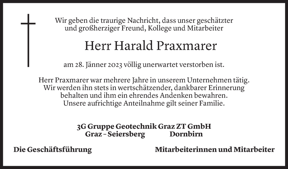  Todesanzeige für Harald Praxmarer vom 12.02.2023 aus Vorarlberger Nachrichten