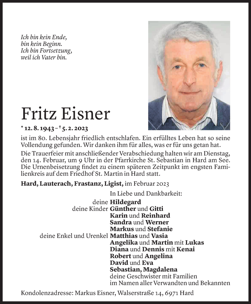  Todesanzeige für Fritz Eisner vom 10.02.2023 aus Vorarlberger Nachrichten