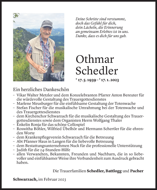 Todesanzeige von Othmar Schedler von Vorarlberger Nachrichten