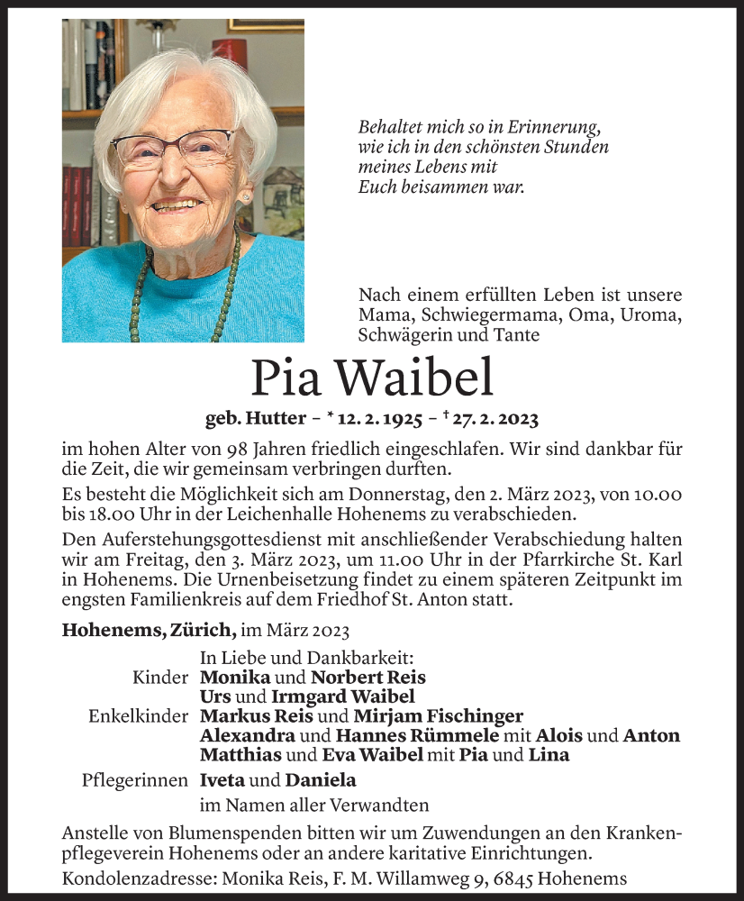  Todesanzeige für Pia Waibel vom 01.03.2023 aus Vorarlberger Nachrichten
