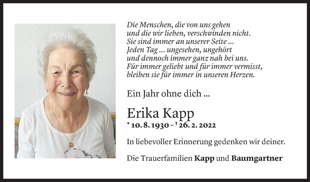  Todesanzeige für Erika Kapp vom 24.02.2023 aus Vorarlberger Nachrichten