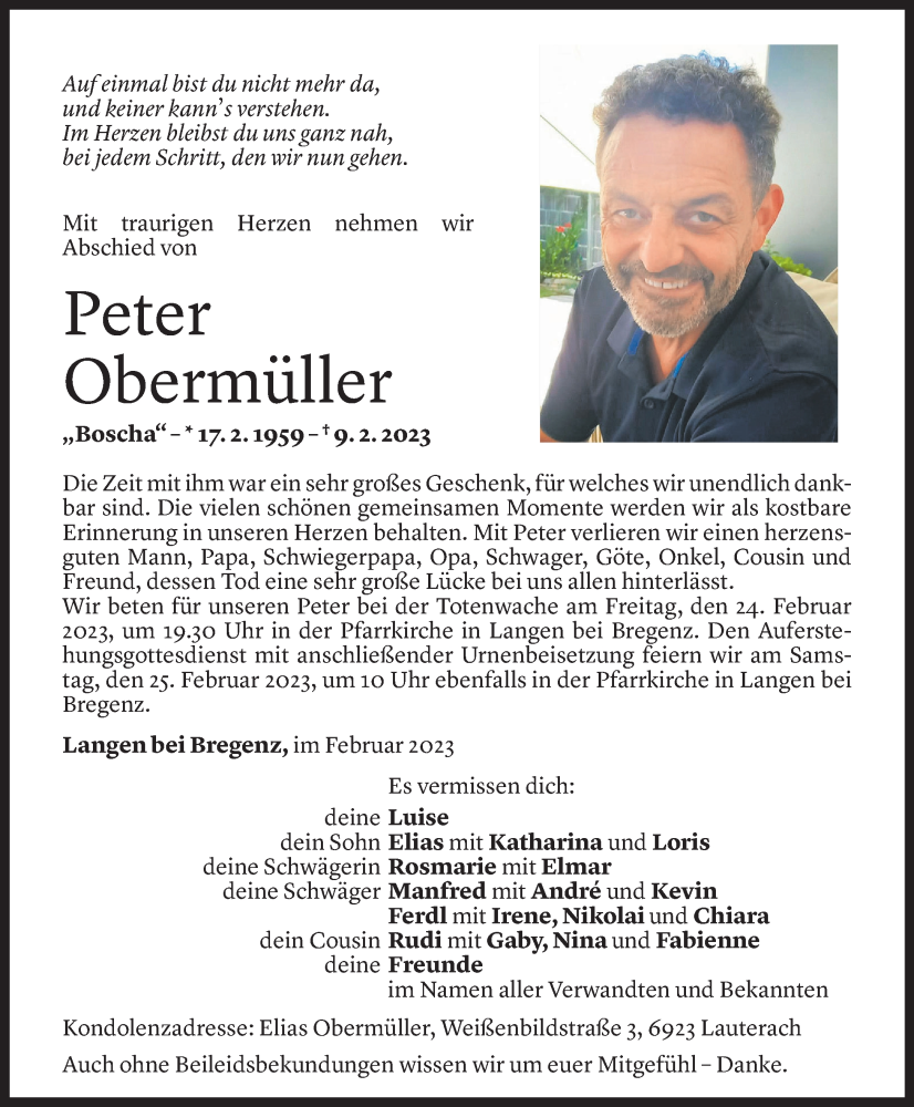  Todesanzeige für Peter Obermüller vom 20.02.2023 aus Vorarlberger Nachrichten