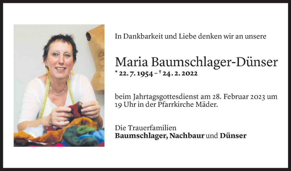  Todesanzeige für Maria Baumschlager-Dünser vom 24.02.2023 aus Vorarlberger Nachrichten