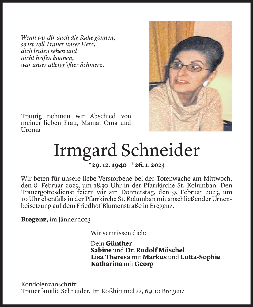  Todesanzeige für Irmgard Schneider vom 02.02.2023 aus Vorarlberger Nachrichten