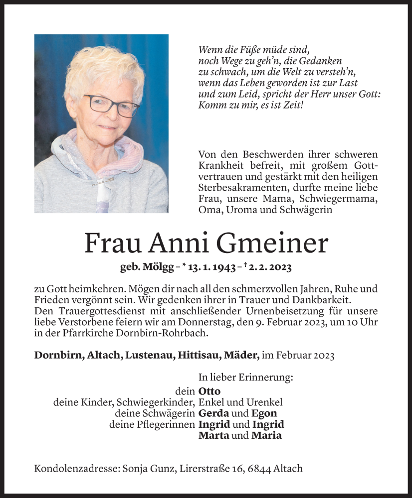  Todesanzeige für Anni Gmeiner vom 03.02.2023 aus Vorarlberger Nachrichten
