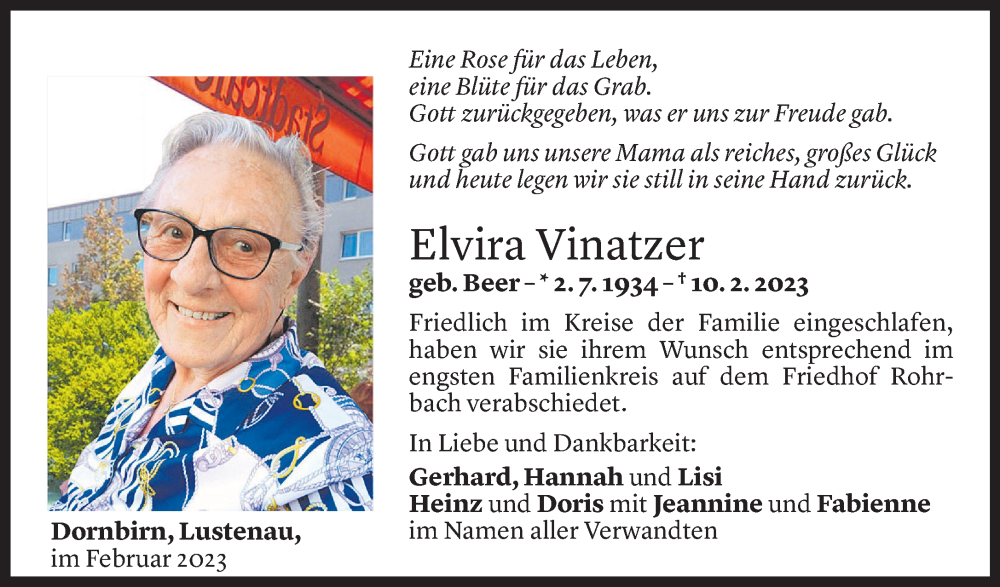  Todesanzeige für Elvira Vinatzer vom 26.02.2023 aus Vorarlberger Nachrichten