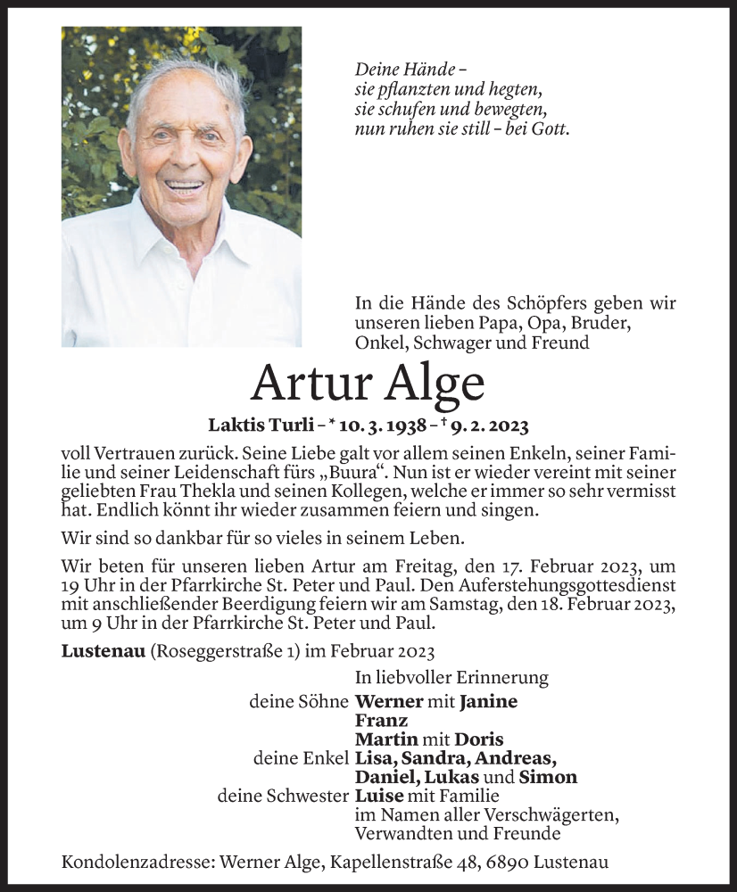 Todesanzeige für Artur Alge vom 14.02.2023 aus Vorarlberger Nachrichten