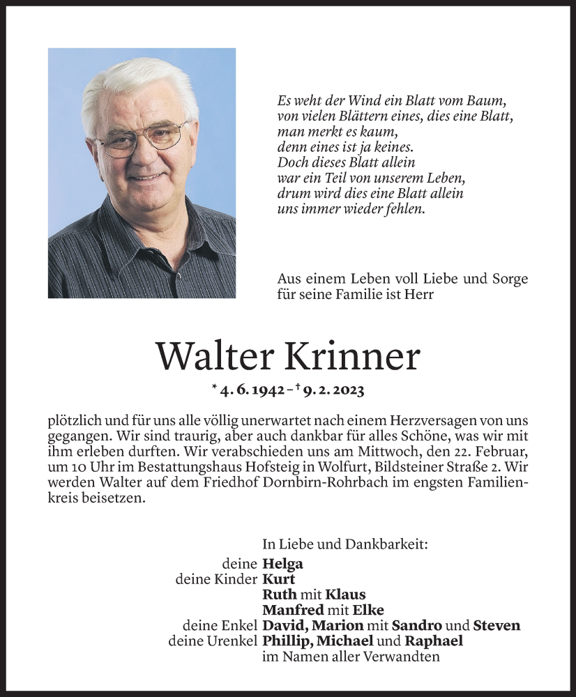  Todesanzeige für Walter Krinner vom 17.02.2023 aus Vorarlberger Nachrichten